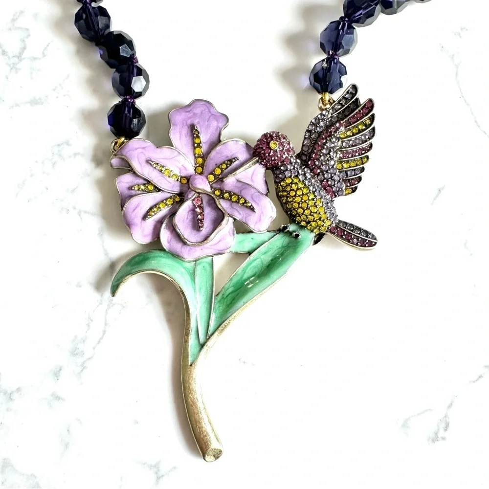Hummingbird Colorful Rhinestone Enamel Necklace Purple Bead Large Flower NEW